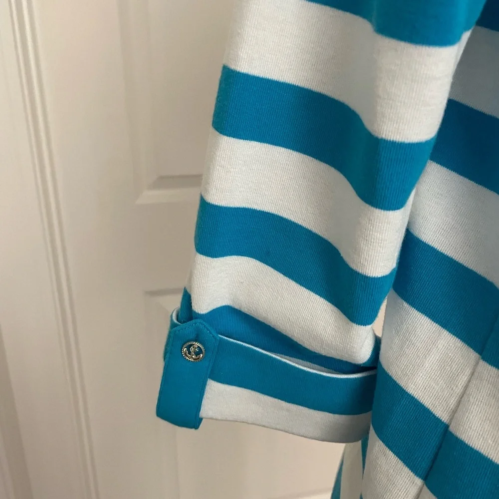 🌸🌸SALE! 4 FOR $20!PALM GROVE Teal&White Stripe Jeweled Turtle 3/4 Slv Top SzS - Picture 5 of 7